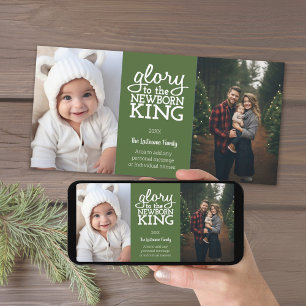 Tarjeta Festiva Gloria al Rey Recién Nacido Foto Verde Blanco