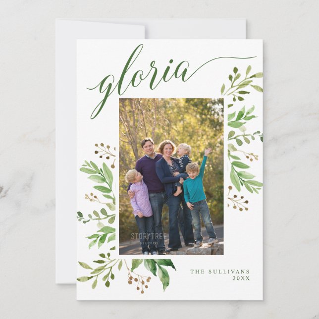 Tarjeta Festiva Gloria Greenery Frame Foto religiosa (Anverso)