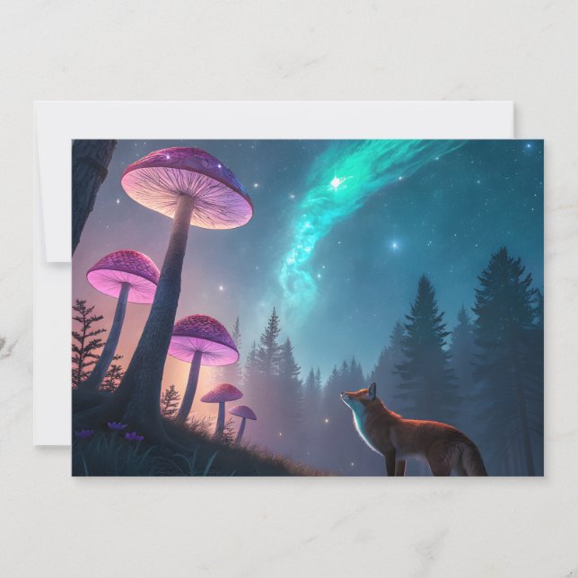 Tarjeta Festiva Glowing Mushroom Forest Fox Fantasy Art (Anverso)