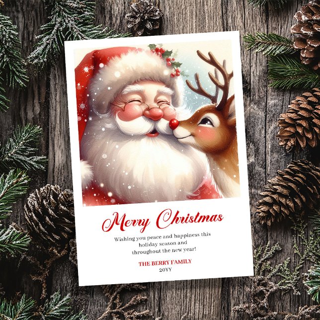 Tarjeta Festiva Glowing Santa And Rudolph Merry Holiday Greeting  (Glowing Santa And Rudolph Merry Holiday Greeting Card)