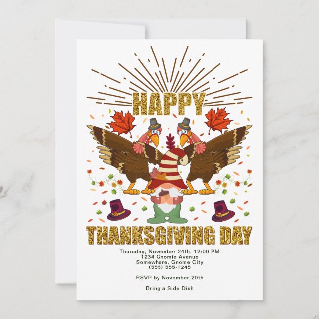 Tarjeta Festiva Gnome Dabbing Turkeys Día de Acción de Gracias Inv (Anverso)