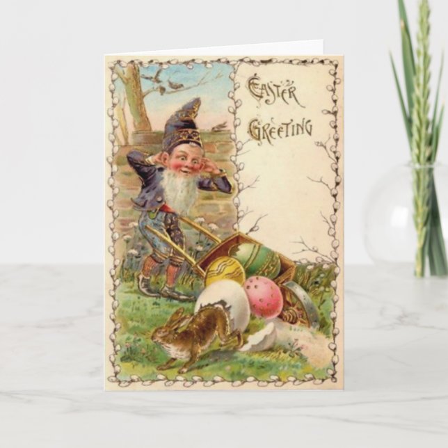 Tarjeta Festiva Gnome de conejo de Pascua con huevo pintado de col (Anverso)