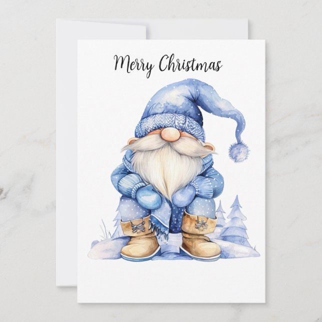 Tarjeta Festiva Gnome de invierno acuarela de personalizable (Anverso)