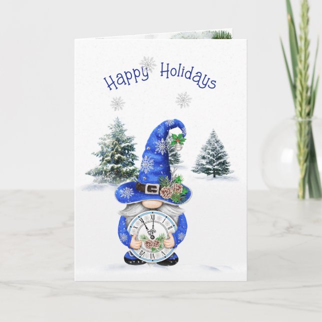 Tarjeta Festiva Gnome de invierno de los Navidades azules con relo (Anverso)