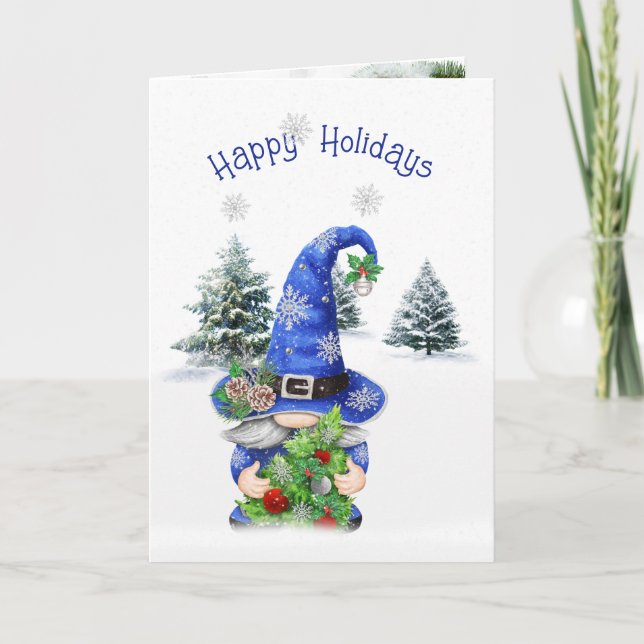 Tarjeta Festiva Gnome de invierno de Navidades azules con árbol (Anverso)