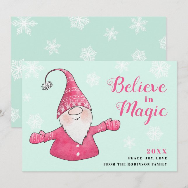 Tarjeta Festiva Gnome de la diversión rosa y la menta cree en los  (Anverso / Reverso)