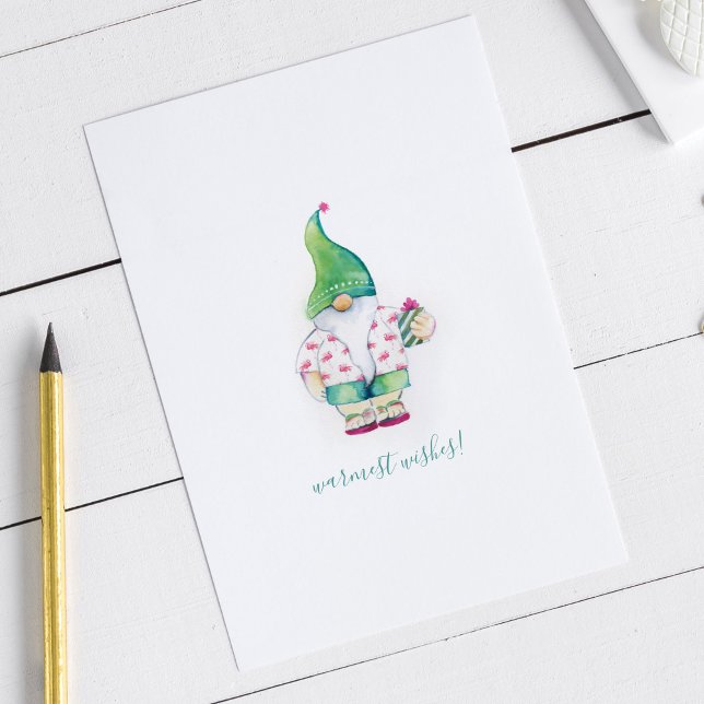 Tarjeta Festiva Gnome de los Navidades de acuarela verde (Gnome Christmas cards watercolor art by Victoria Grigaliunas of Do Tell A Belle)