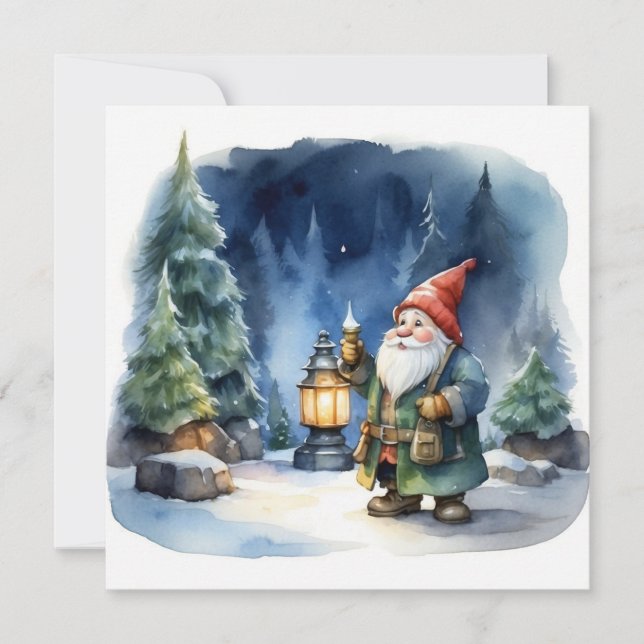 Tarjeta Festiva Gnome de Navidades acuarelas en el bosque (Anverso)