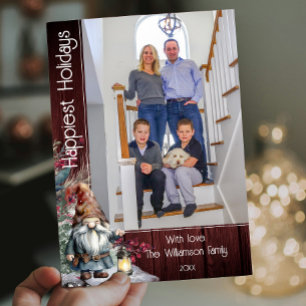 Tarjeta Festiva Gnome de Navidades de acuarela rusa - Foto roja