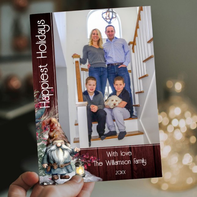 Tarjeta Festiva Gnome de Navidades de acuarela rusa - Foto roja (Red Rustic Watercolor Christmas Gnome Photo Holiday Card)