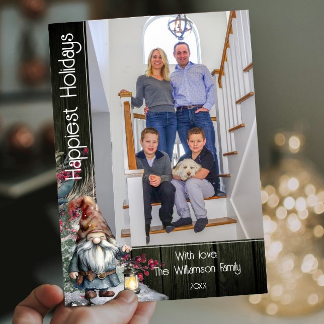 Tarjeta Festiva Gnome de Navidades de acuarela rusa | Foto verde (Green Rustic Watercolor Christmas Gnome Photo Holiday Card)