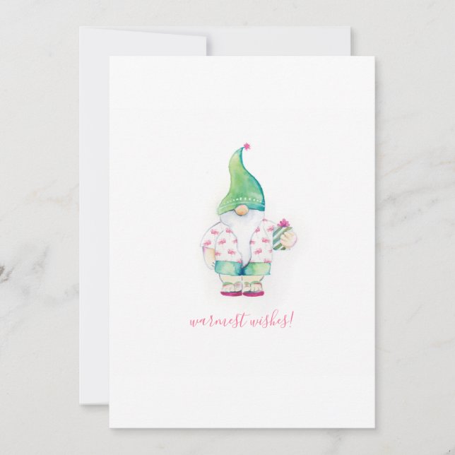 Tarjeta Festiva Gnome de Navidades de acuarela verde y rosa (Anverso)