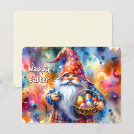 Tarjeta Festiva Gnome de Pascua con huevos y cesta coloridos -