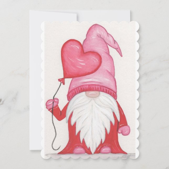Tarjeta Festiva Gnome de San Valentín con globo de corazón (Anverso)
