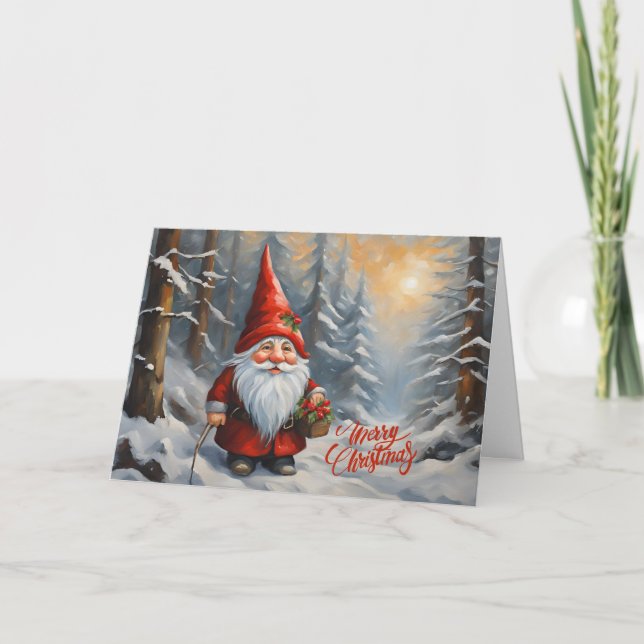 Tarjeta Festiva Gnome del bosque navideño (Anverso)