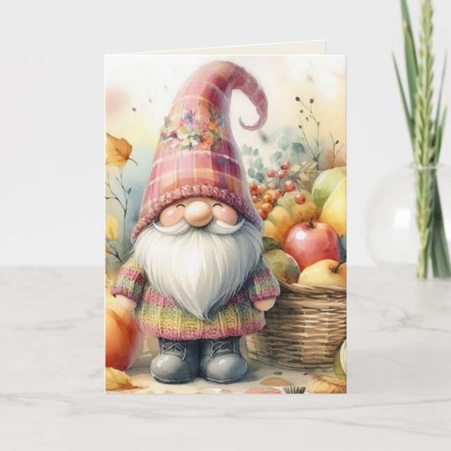 Tarjeta Festiva Gnome Día de Acción de Gracias hojas de otoño cala (Anverso)
