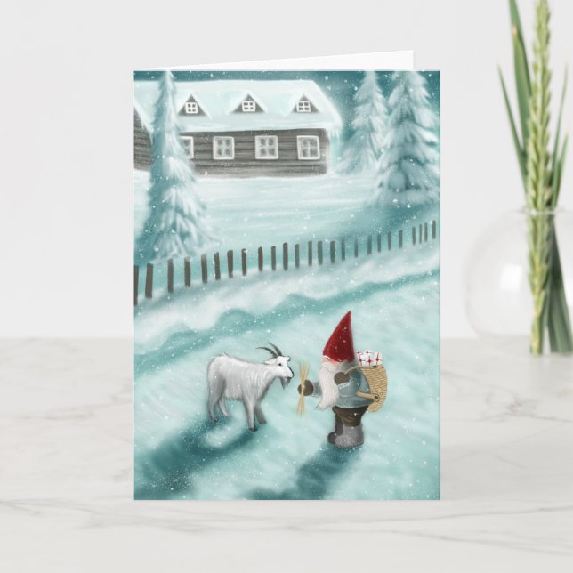 Tarjeta Festiva Gnome en el paisaje escandinavo (Anverso)