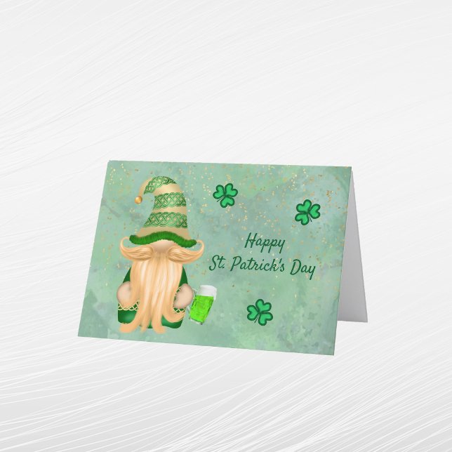 Tarjeta Festiva Gnome Green Gold Shamrock Beer St Patricks Day (Subido por el creador)