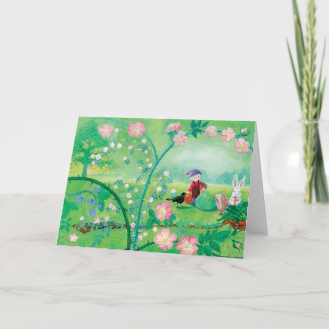 Tarjeta Festiva Gnome jardener, Blackbird, Hedgehog y Conejo Blanc (Anverso)
