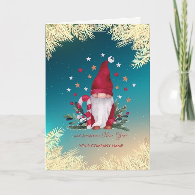 Tarjeta Festiva Gnome Pine Tree Brands Gold Stars (Anverso)