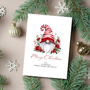 Tarjeta Festiva Gnome Poinsettia Navidades blancos rojos
