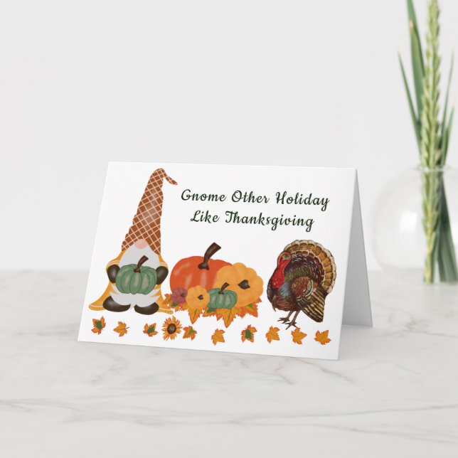 Tarjeta Festiva Gnome Pumpkins deja el Día de Acción de Gracias (Anverso)