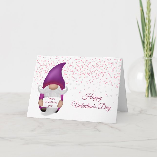 Tarjeta Festiva Gnome Purple Heart Valentine (Anverso)