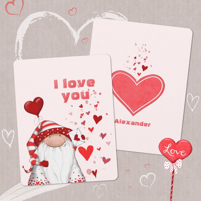 Tarjeta Festiva Gnome Red Hearts Cute Love y San Valentín (Gnome Red Hearts Cute Love and Valentine´s Day Holiday Card ©Susanne Sachers - Sunny Mind Design 🌞)