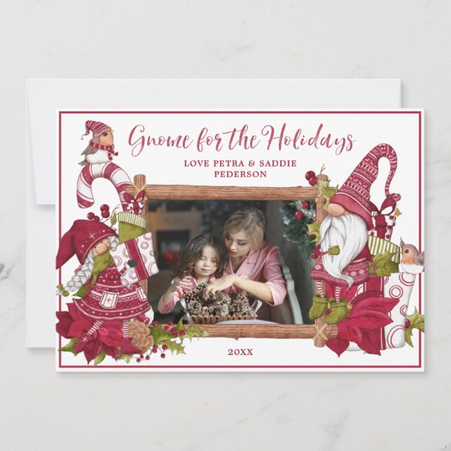 Tarjeta Festiva Gnome rojo y blanco para la foto de las vacaciones (Anverso)