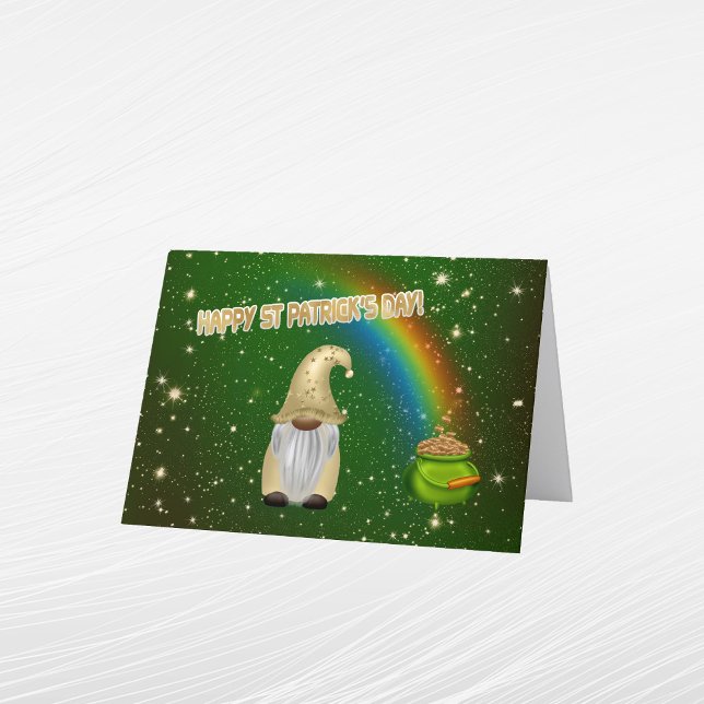 Tarjeta Festiva Gnome Verde Olla Oro Arcoíris Día de San Patricio (Subido por el creador)