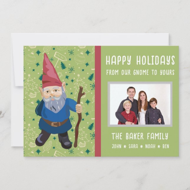 Tarjeta Festiva Gnome verde para la foto de los Navidades de vacac (Anverso)