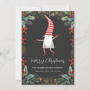 Tarjeta Festiva Gnome y bayas de acebo