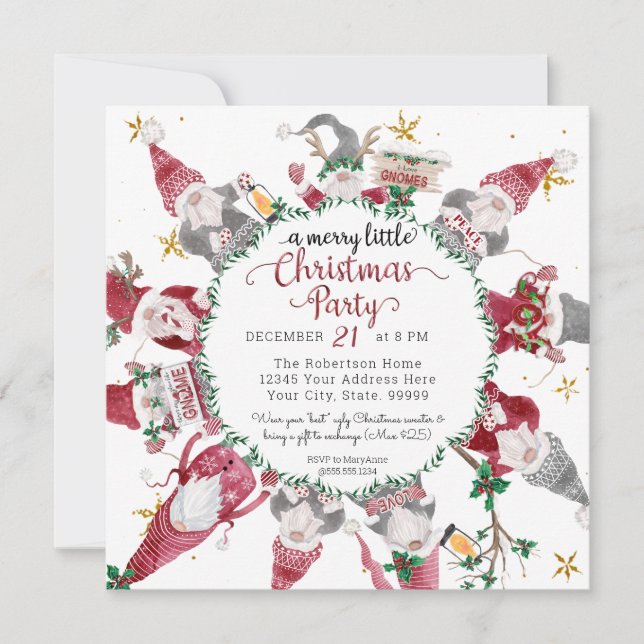 Tarjeta Festiva Gnomes Cute Gris Rojo Merry pequeños Navidades Fie (Anverso)