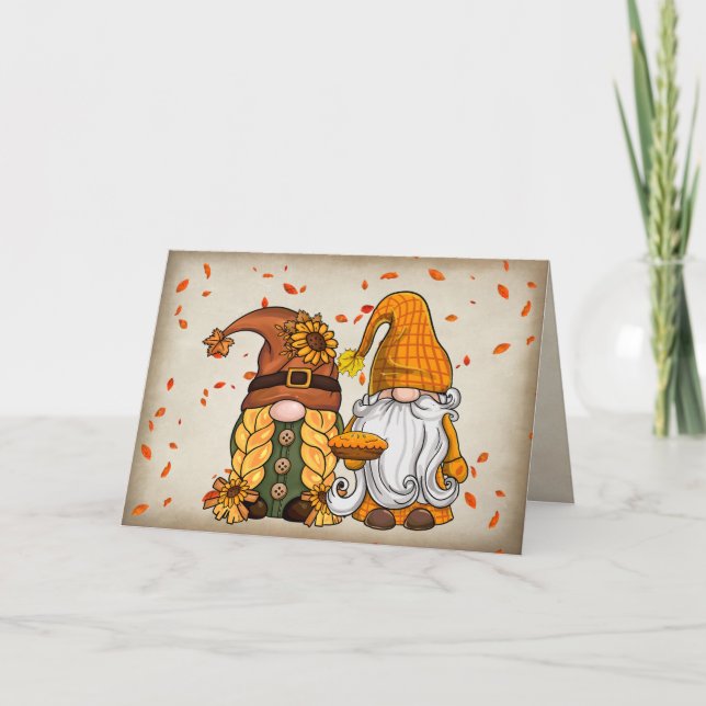 Tarjeta Festiva Gnomes De Acción De Gracias Con Pie (Anverso)