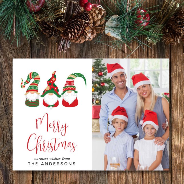 Tarjeta Festiva Gnomes Merry Christmas Photo Holiday Card (Christmas gnomes bring joy, laughter, and a touch of magic to your holiday season cards and gifts)