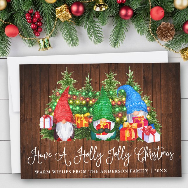Tarjeta Festiva Gnomes Navidades de Fun Calligraphy Wood Holly Jol (Customize to add text to back of card.)
