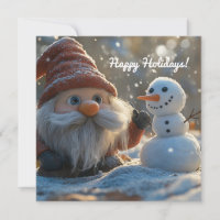 Gnomo adorable y muñeco de nieve en un país de las