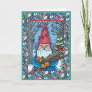 TARJETA FESTIVA GNOMO DE NAVIDAD, ARDILLA, PICAPORTE Y CARDENAL