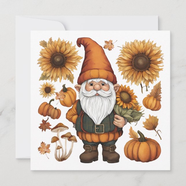 Tarjeta Festiva Gnomo de otoño con calabazas y girasoles  (Anverso)