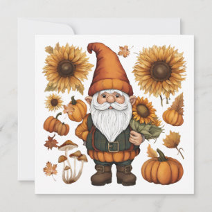 Tarjeta Festiva Gnomo de otoño con calabazas y girasoles