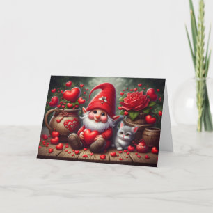 Tarjeta Festiva Gnomo feliz de San Valentín con fondo de gato
