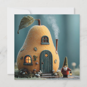 Tarjeta Festiva Gnomo lindo parado junto a una casita de hada de p