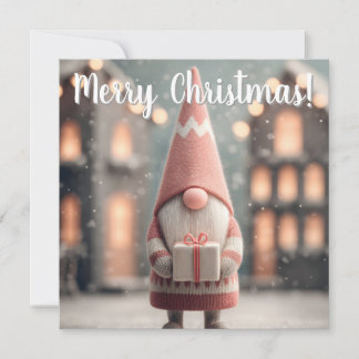 Tarjeta Festiva Gnomo Navideño Adorable Sosteniendo una Caja de Re