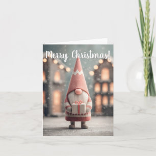 Tarjeta Festiva Gnomo Navideño Adorable Sosteniendo una Caja de Re