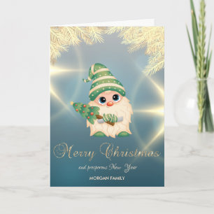Tarjeta Festiva Gnomo nórdico ramas de pino dorado Navidades