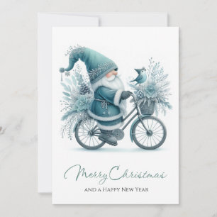 Tarjeta Festiva Gnomo Verde Azul & Alegría Invernal en Bicicleta
