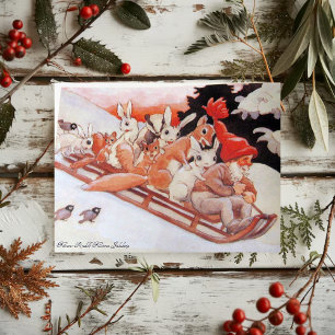 Tarjeta Festiva Gnomos antiguos y animales del bosque en trineo