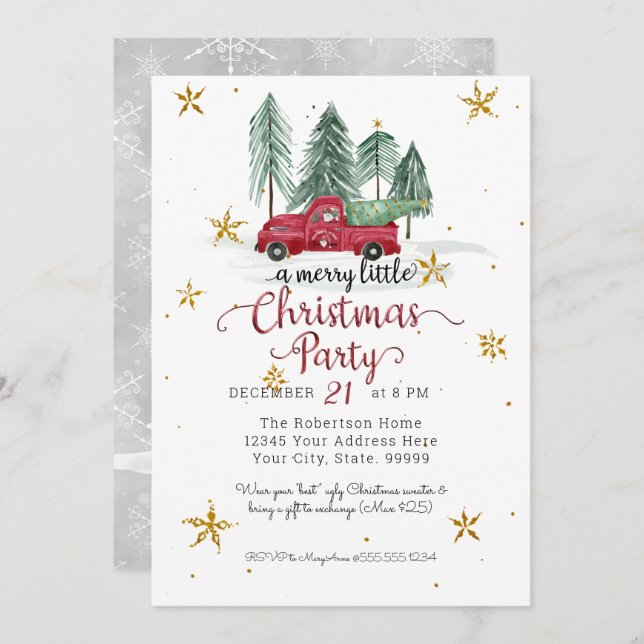 Tarjeta Festiva Gnomos Camión Granja Roja Fiesta Navideña Feliz (Anverso / Reverso)