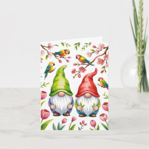Tarjeta Festiva Gnomos de jardín con loros tropicales