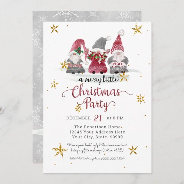 Tarjeta Festiva Gnomos Rojos Aman la Alegría Paz Reno Navidades Fe (Anverso / Reverso)